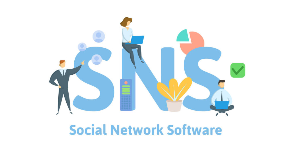 SNS, Social Network Service. Concept with keywords, letters and icons. Colored flat vector illustration. Isolated on white background.